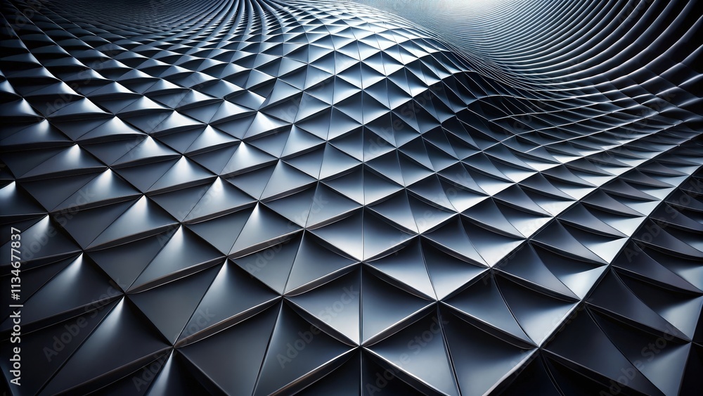 Poster abstract metallic surface with a dynamic triangular pattern, creating a sense of depth and movement.
