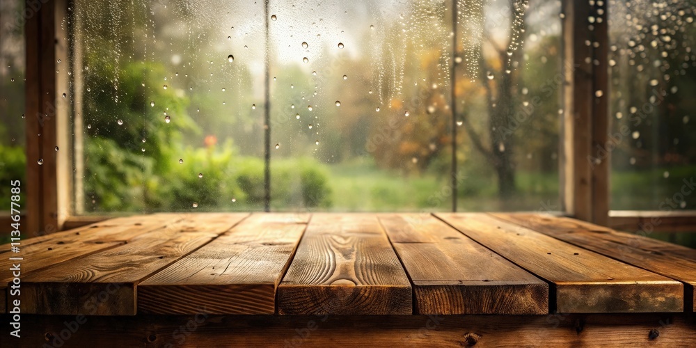 Aufkleber wooden table with a view of rain drops on a window and a blurry garden beyond