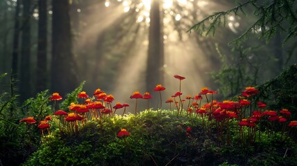 Sunlit Forest Floor Mushrooms Displaying Vivid Red Hues