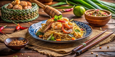 Fototapeta premium Architectural Photography of Pad Thai: Capturing the Essence of Thailand's Culinary Heritage with Vibrant Ingredients and Traditional Presentation in a Beautiful Setting