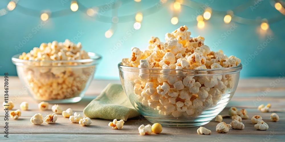 Poster Two glass bowls filled with fluffy popcorn on a wooden table against a light blue background with a soft glow of string lights.