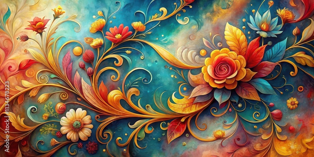 Poster A vibrant and intricate floral arrangement featuring golden swirls and cascading petals, creating a harmonious symphony of color and texture.