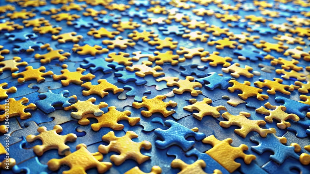 Poster a close-up view of a jigsaw puzzle with interlocking pieces in blue and gold tones
