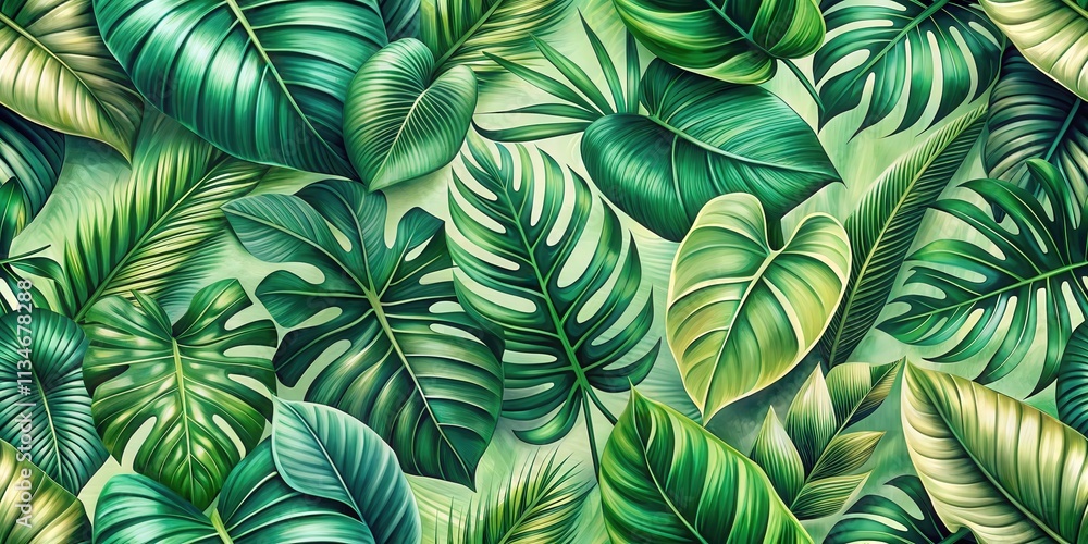 Poster a vibrant tapestry of tropical foliage, showcasing an intricate array of lush green leaves with intr