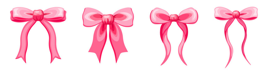 Set of cute, flirty silk bows in cartoon style. Vector illustration of ribbon rosette bows of different shapes and sizes isolated on white background. Decorations. Girlish. Couquetts bows.