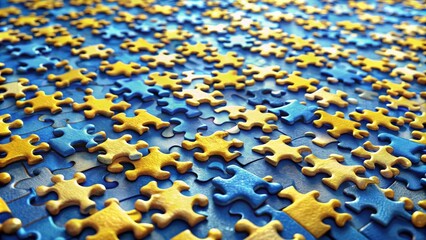 Obraz premium A Close-Up View of a Jigsaw Puzzle with Interlocking Pieces in Blue and Gold Tones