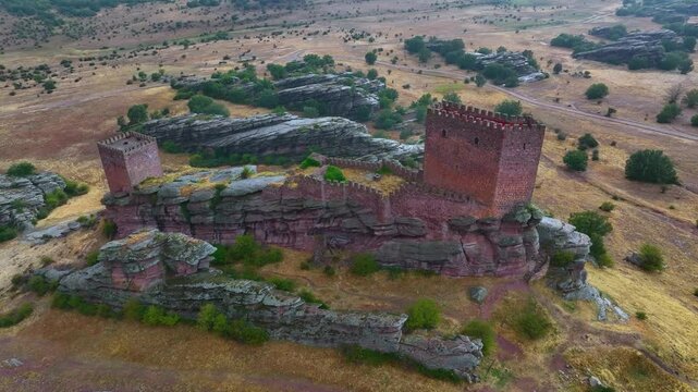 Landscape at the castle of Zafra (12th century). Municipality Campillo Due&ntilde;as. Aerial view from drone. Molina Alto Tajo Geopark. Alto Tajo Natural Park. Guadalajara. Castilla la Mancha. Spain. Europe