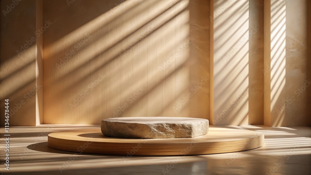 Aufkleber a natural stone podium with a wooden base, bathed in sunlight streaming through blinds, creates a se