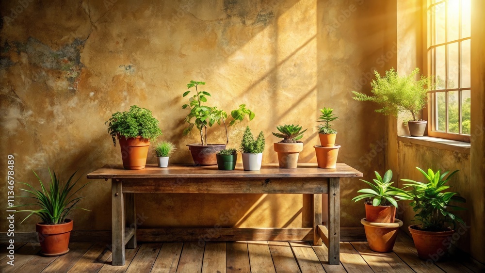 Poster a rustic wooden table with potted plants sits in the warm glow of sunlight streaming through a windo
