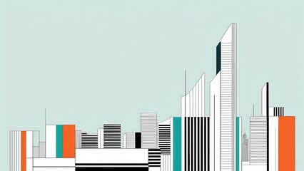 A modern and minimalist mockup featuring a stylized city skyline composed of geometric shapes and bars in various colors, set against a soft blue background