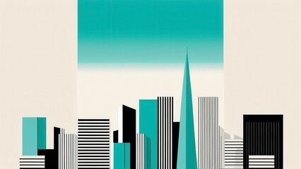 A modern and minimalist mockup featuring a stylized city skyline composed of geometric shapes and bars in various colors, set against a soft blue background