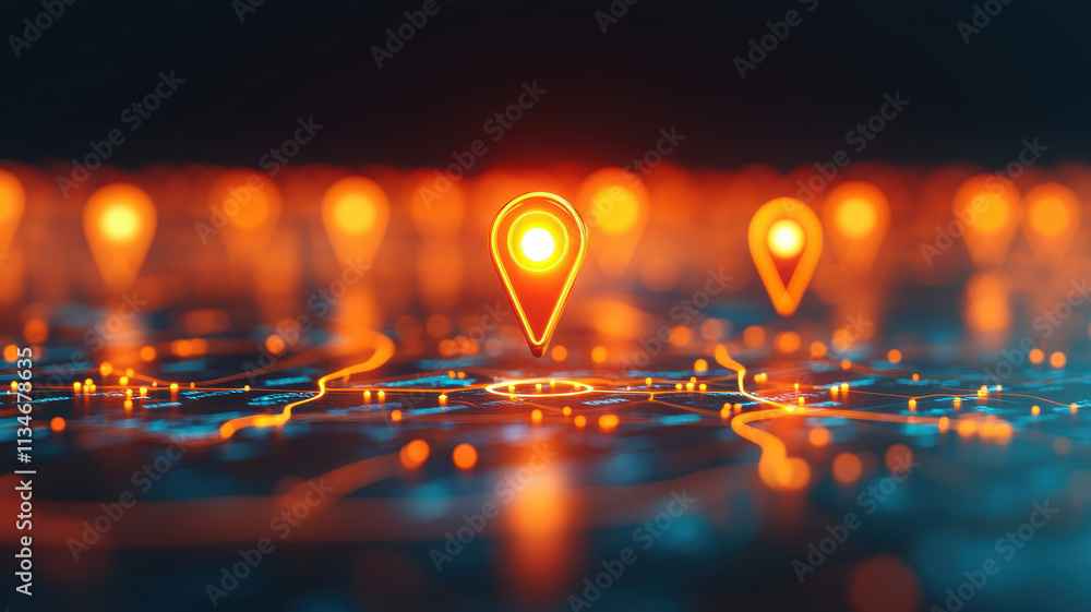 Poster seamless navigation concept with glowing markers on digital map, showcasing advanced technology and 