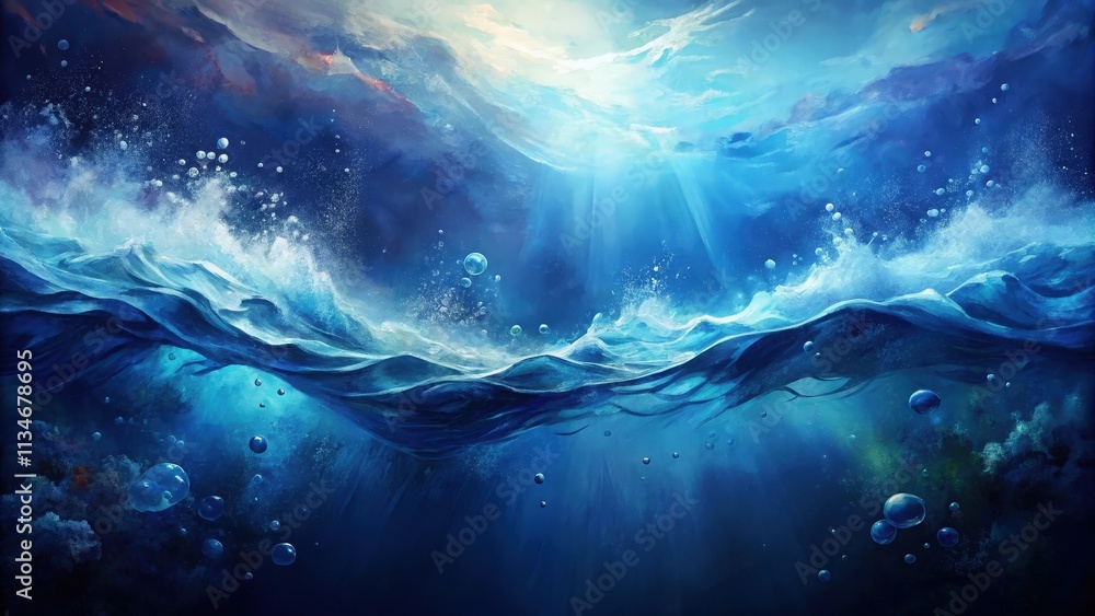 Aufkleber a serene underwater scene with sunbeams piercing through the surface and bubbles rising towards the 