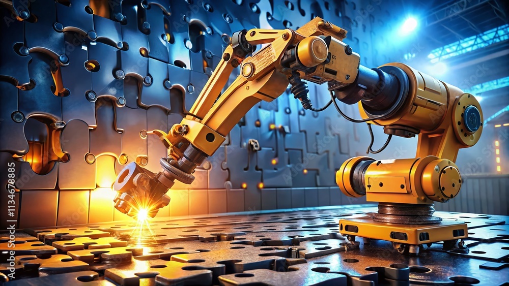 Poster a robotic arm assembles a complex puzzle, showcasing precision and innovation in modern automation a