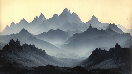 A serene mountain landscape with layered peaks in shades of blue and gray.