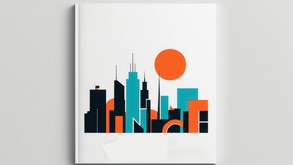A modern and minimalist mockup featuring a stylized city skyline composed of geometric shapes and bars in various colors, set against a soft blue background