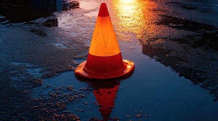 Traffic cone on wet pavement with reflection at sunset. road safety and hazard warning