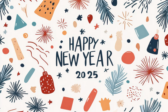 Happy New Year 2025 greeting card with festive doodles, colorful shapes, and decorative elements