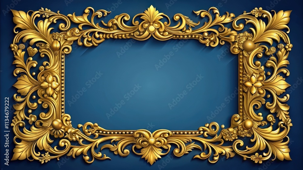 Poster a luxurious ornate golden frame with intricate scrollwork and floral motifs on a navy blue backgroun