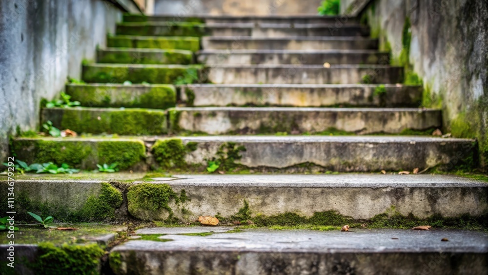 Poster a weathered concrete staircase with a layer of moss growing on its surface, inviting viewers to take