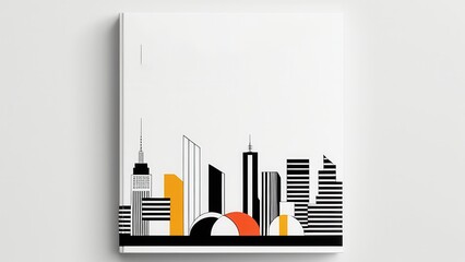 A modern and minimalist mockup featuring a stylized city skyline composed of geometric shapes and bars in various colors, set against a soft blue background