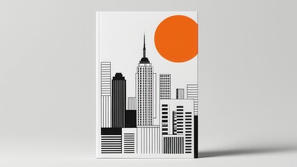 A modern and minimalist mockup featuring a stylized city skyline composed of geometric shapes and bars in various colors, set against a soft blue background