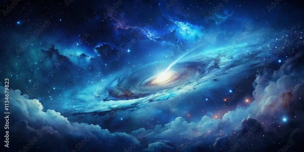 Poster artistic dark blue nebula background in outer space with multi-layered watercolor texture, capturing