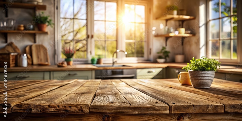 Poster A rustic wooden countertop with a blurred background of a kitchen with a window and sunlight streaming in.