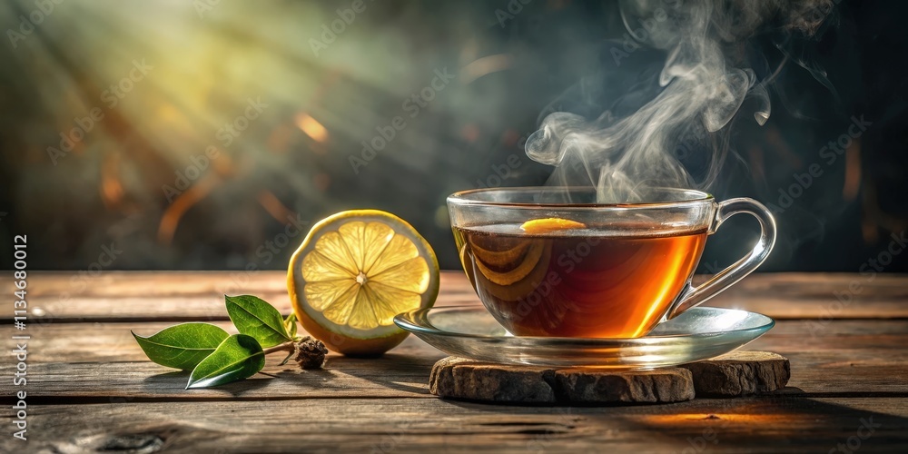 Poster a steaming cup of tea with a lemon wedge on a rustic wooden table, bathed in warm sunlight.
