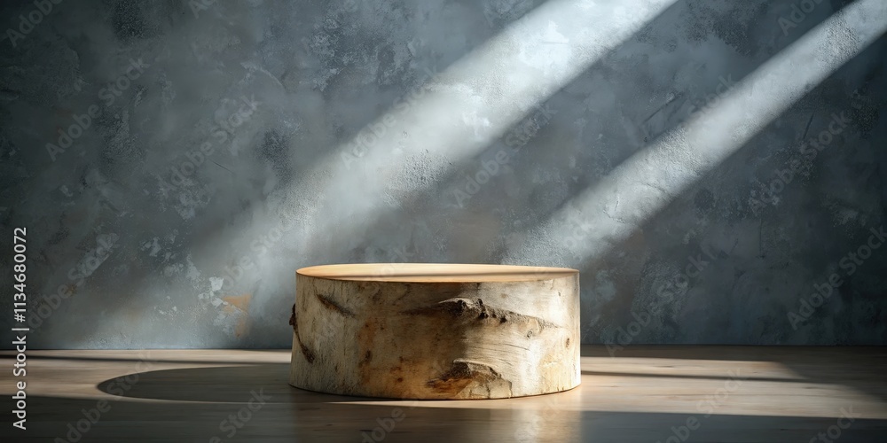 Poster a rustic wooden log pedestal with light beams illuminating the textured concrete wall behind it.