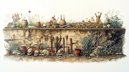 Crosssection of Clovis burial mound with ceremonial items like pottery and tools arranged around a skeleton intricate details of layered earth enhancing depth