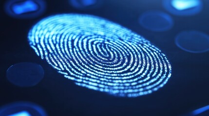 Blue biometric fingerprint scanning detail on touchscreen. security and authentication