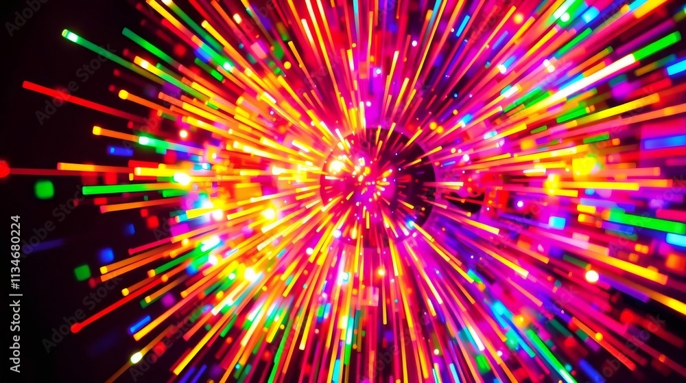 Poster rainbow explosion: a vibrant burst of multicolored light streaks across the frame, creating a dynami