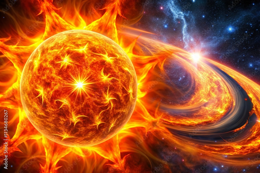 Poster artistic minimalist representation of a star's surface, showcasing fiery swirls, solar flares, and c