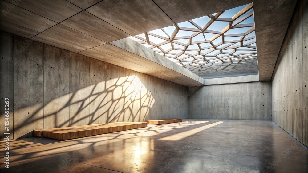 Aufkleber Sunlight streams through a geometric skylight, casting intricate patterns on the concrete floor and walls of a modern, minimalist room.
