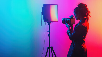 photographer setting up studio with colorful lighting, capturing creative moments. vibrant hues create artistic atmosphere, enhancing photography experience