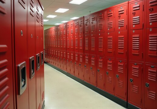 Row Of Red Lockers in A Well-Lit School Hallway