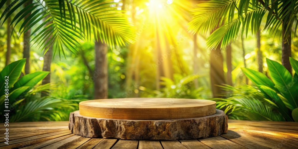 Poster A wooden round pedestal stands alone in a lush jungle setting, sunlight filtering through the dense foliage, creating a serene and inviting ambiance.