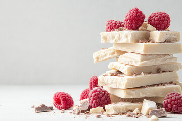 Elegant arrangement of white chocolate chunks with fresh raspberries and chocolate shavings on a clean background.