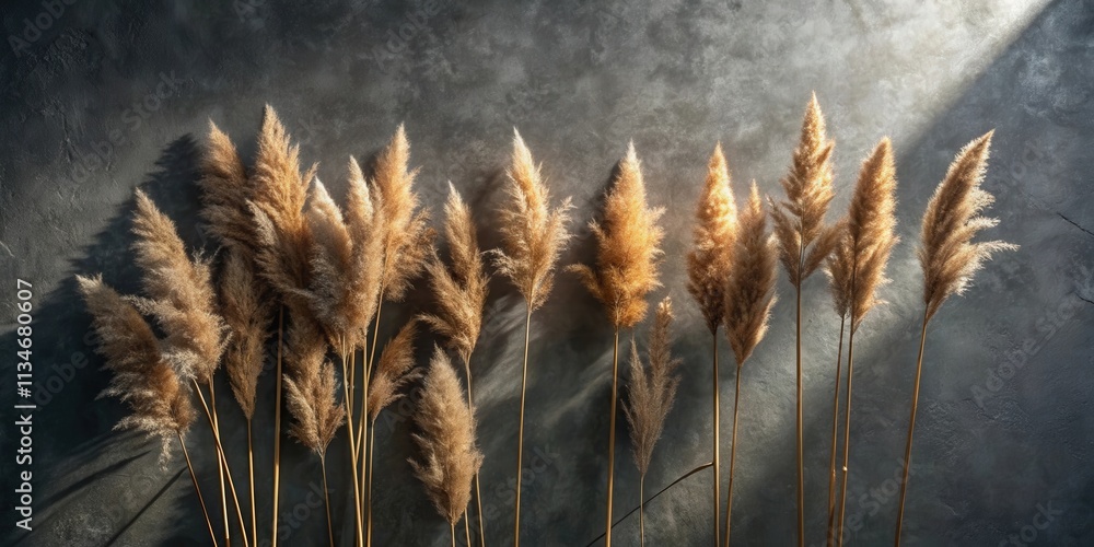 Poster a delicate arrangement of dried grass stalks illuminated by a soft, warm light against a textured gr