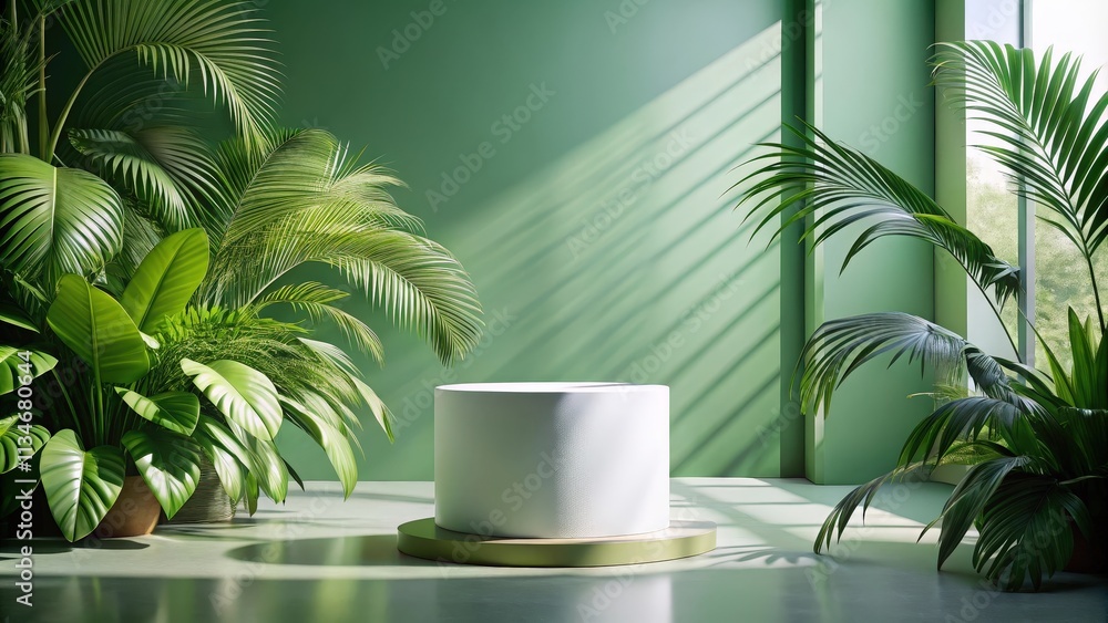 Poster minimalist white pedestal stage surrounded by lush greenery with soft light streaming through a wind