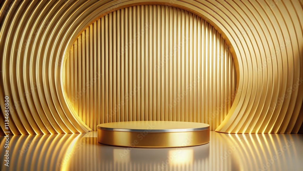 Poster A circular gold platform set against a backdrop of shimmering golden arches and vertical lines, creating an elegant and luxurious display.