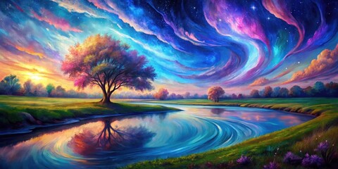 Fototapeta premium A Lone Tree Stands Sentinel Beneath a Whimsical Sky, Where Clouds of Color Swirl Above a Serene River