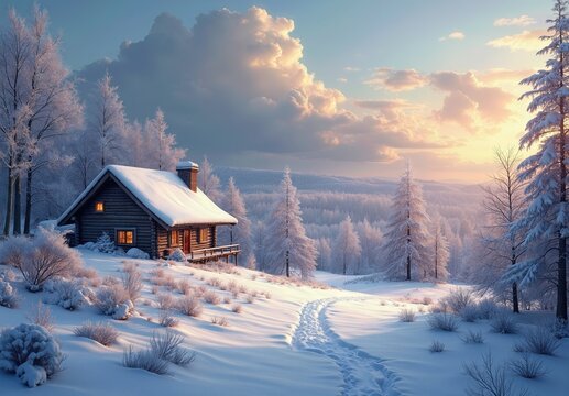 Cozy Log Cabin in a Winter Landscape with Snow-Covered Trees at Sunset