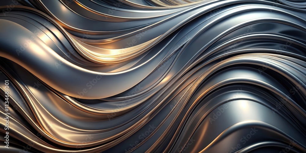 Poster Abstract Metallic Wave Pattern A mesmerizing interplay of light and shadow on a seamless loop of glossy, sculpted silver and gold curves, creating a dynamic and elegant backdrop for modern design.