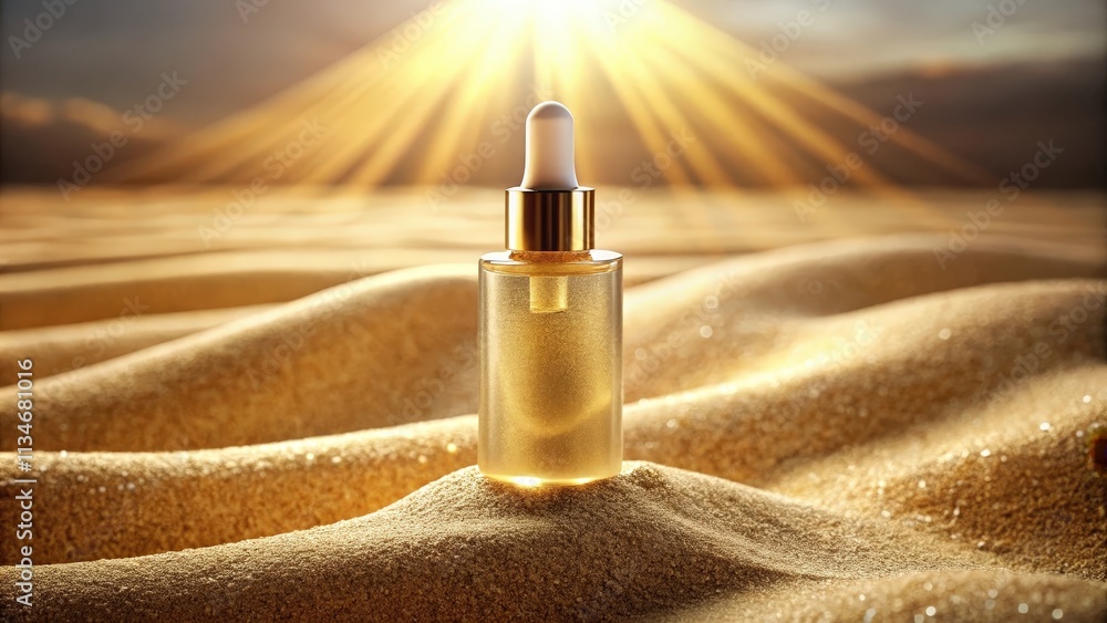 Poster Golden Elixir Bottle Resting on Soft Sand Dunes in the Warm Glow of the Setting Sun