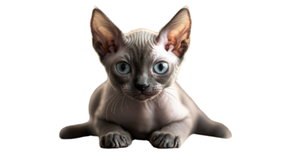 Adorable Sphynx Kitten: A captivating portrait of a young Sphynx cat, showcasing its unique hairless coat and striking blue eyes.  The kitten is lying down, gazing directly at the camera.