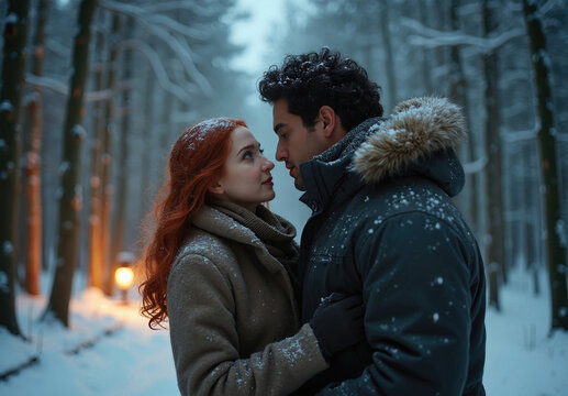 Romantic Winter Couple Embracing in a Snowy Forest at Dusk