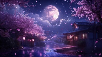 Naklejka premium Neon sakura blossoms illuminate the night sky.