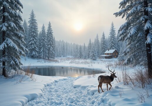 Majestic Winter Landscape With a Deer by a Snowy Forest Cabin